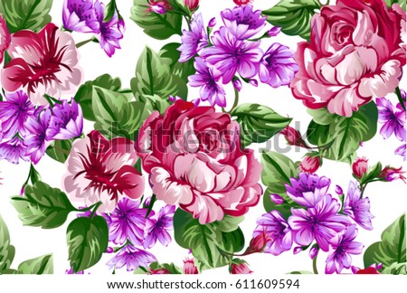 Floral baroque pattern with bouquet of flowers,Classic big red rose,Chrysanthemum,daisy ,peony flowers on white background