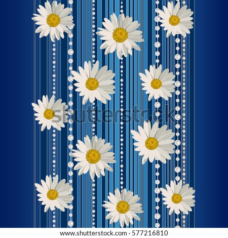 Beautiful white daisy flowers on blue background with stripes and pearls.