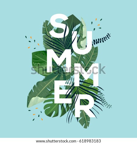Summer letter with tropical leaves. Season sale vector label. Foliage lettering. Tropical illustration. Summertime poster. For t-shirt, fashion, prints, banner or packaging design.
