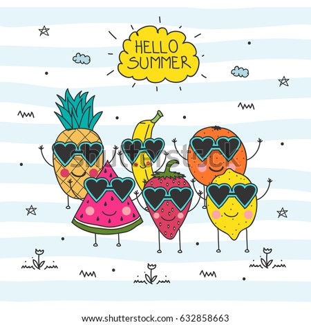 Hello Summer doodle illustration with hand drawn lettering and fruit cartoon characters - watermelon, lemon, pineapple, strawberry, banana and orange. Vector Illustration. Summer background.
