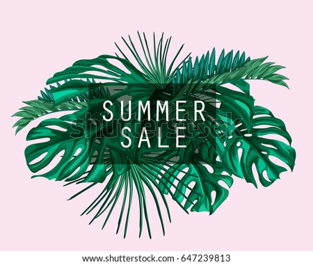 Vector Tropical template with Summer sale lettering and with palm leaves green pattern. Jungle floral pink ornamental background. Florals for your poster, banner flayer, advertisement design.