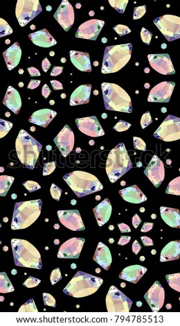 Seamless pattern of colorful vector jewels gemstones and crystals on black background.
