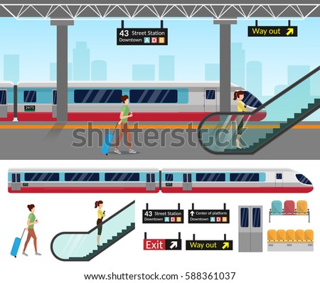 Subway station platform set with train and underground, inside the railway set.