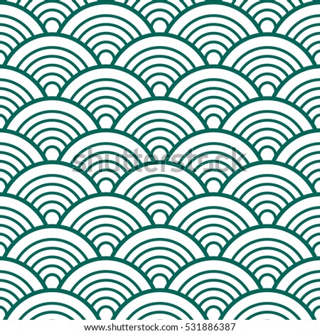 Indigo White Green Traditional Wave Japanese Chinese Seigaiha Pattern Background Vector Illustration