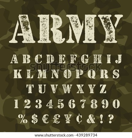 Military stencial alphabet. Army stencial lettering with camouflage background.
