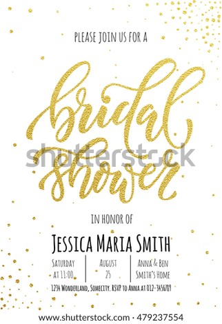 Bridal Shower invitation card template. Classic gold calligraphy vector lettering. White background with golden glittering dot pattern decoration