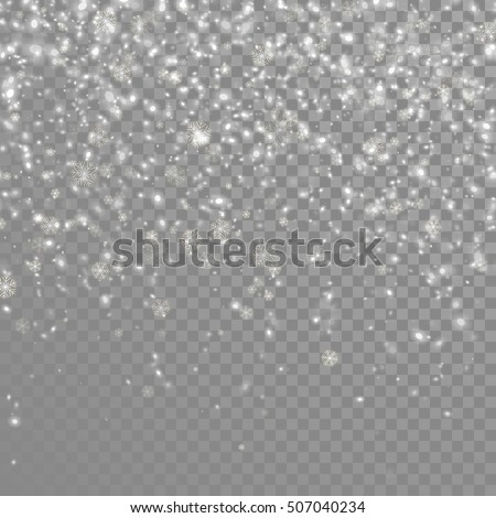 Snow falling background. Vector magic Christmas eve snowfall. White glitter snowflakes falling down on transparent background.