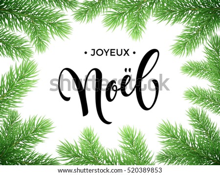 French Merry Christmas Joyeux Noel text lettering in frame of pine, fir, spruce tree branches. Festive Noel greeting card with Christmas golden stars ornaments