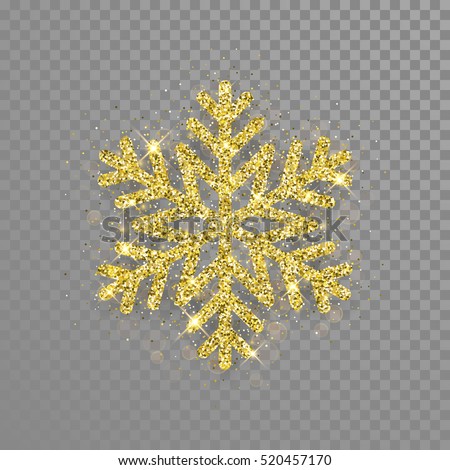 Shine golden snowflake covered with glitter on transparent background. Christmas decoration with shining sparkling light effect. Vector isolated icon. New Year golden glittering ornament.