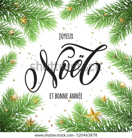 New Year in French, Merry Christmas Joyeux Noel, Bonne Annee greeting card with Christmas tree. Festive Joyeux Noel text lettering in frame of pine, fir, spruce tree branches