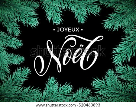 French Merry Christmas Joyeux Noel text lettering in frame of pine, fir, spruce tree branches. Festive Joyeux Noel greeting card