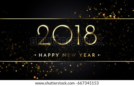 Vector 2018 New Year Black background with gold glitter confetti splatter texture. Festive premium design template for holiday greeting card, invitation, calendar poster, banner.