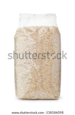 Plastic bag of dry long rice isolated on white
