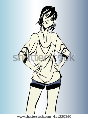 Sketch Girl Short Hair Standing Shorts Stock Vector ...