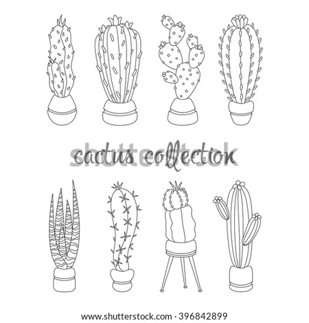 Outline Cactus Collection Cute Cartoon Cacti Stock Vector 396842899 ...