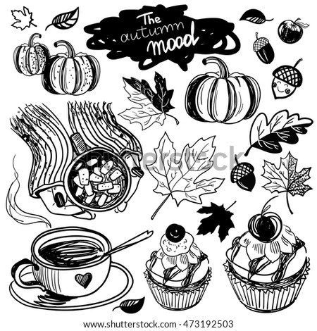 stock vector the autumn mood vector set in hand drawn style vector sketch cup of coffee in the hands cupcake 473192503