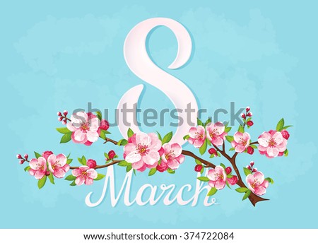 VECTOR eps 10. Big JPEG preview. Japanese flowering on the branch with blue background. For Mother's day with beauty number 8. Woman's day. Japanese flowers, sakura. See more good flowers in my SETS.
