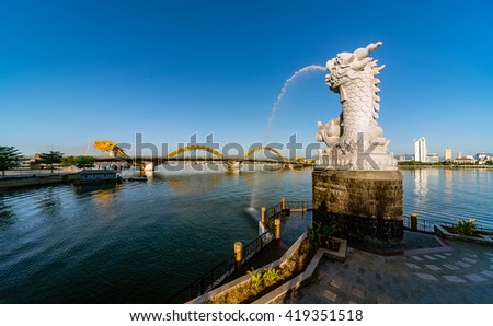 Carp-Dragon Statue and Dragon Bridge in Danang City, Vietnam , 30 June 2015. Da Nang City is a famous city for travel in Vietnam.Carp-Dragon Statue and Dragon Bridge are famous places for visit .