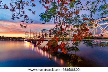 Trang Tien Bridge, Hue, Vietnam. 12 June 2016 :Beautiful sunset in Huong River, and Trang Tien Bridge is the most beautiful bridge in Hue in Vietnam , Unesco World Heritage Site