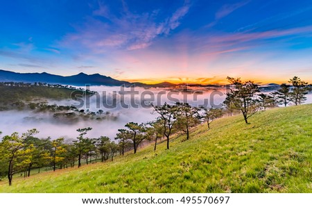 Amazing sunrise at Golden Hill , Golden Valley in Da Lat City, Famous View In Da Lat City Da Lat is highland city fog in the morning. Da Lat is one of the beautiful and the famous city in Viet Nam.