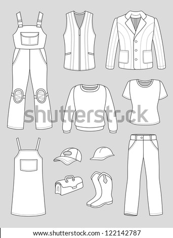 Worker, plumber man, woman fashion set isolated on grey background