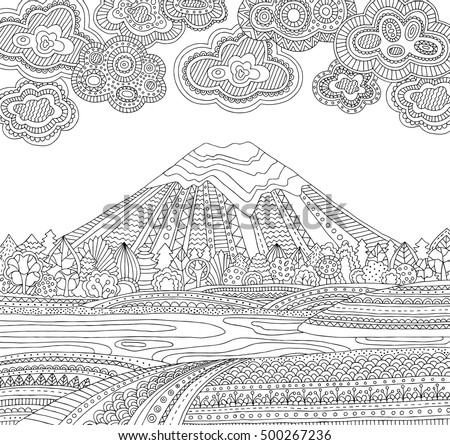 Printable Coloring Page Adults Mountain Landscape Stock Vector Lake Flower