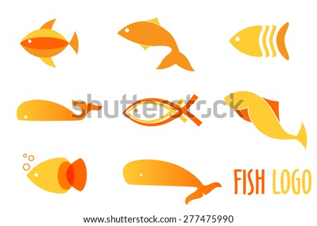 Vector illustration of warm colors golden fishes. Abstract fish logos set for seafood restaurant or fish shop