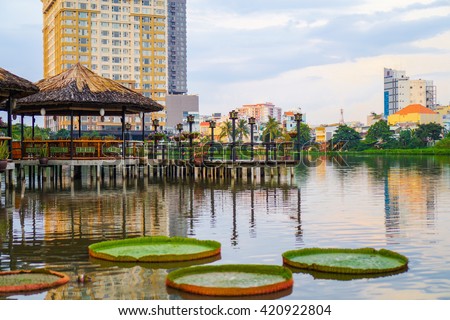 HO CHI MINH, VIET NAM: 30 JAN 2016: A big thorn lotus in Van Thanh park. SAi GON is a biggest city in southern Viet Nam.