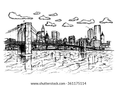 Pencil Drawing Landscape Set Skyscrapers Brooklyn Stock Illustration ...