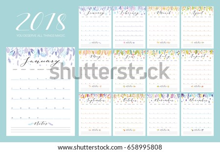 Floral bright 2018 calendar. Flower decorative elegant calendar.