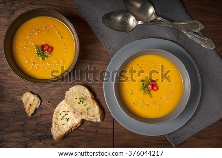 Sweet potatoes cream soup with croutons