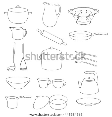 Set White Crockery Black Outline Kitchen Stock Vector 445384363 ...