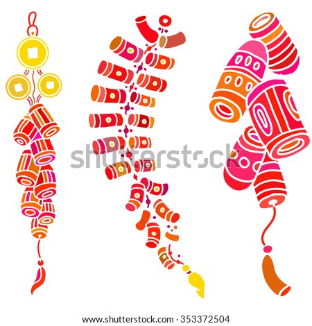 Set with doodle stylized firecrackers. Colorful silhouette on the white background. EPS10 Vector.