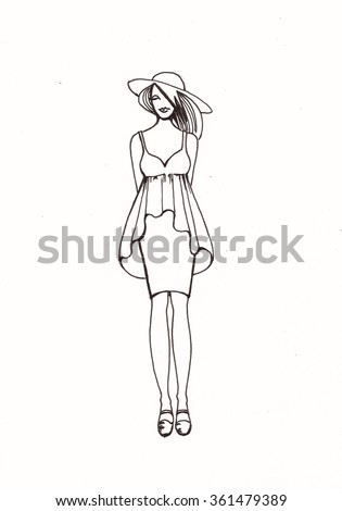 Pencil Drawing Fashion Girl In Original Dress Design Pencil Drawing Fashion Girl In Original Dress Design