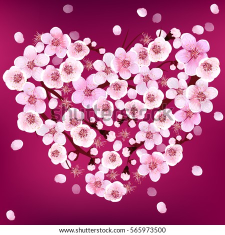 Apricot Branch. Japan Cherry. Branch with Blooming Flowers. Vector illustration.. Beautiful Spring Flowers. Blooming Background Wallpaper Decoration
Pattern. Holiday Greeting Card. Heart. Day lovers.