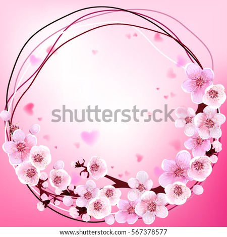 Frame. Wedding. Spring Flowers. Blooming Background Wallpaper Decoration. Holiday Greeting Card. Apricot Flower. Sakura. Japan Cherry. Blooming Flowers. Vector illustration. Springtime realistic