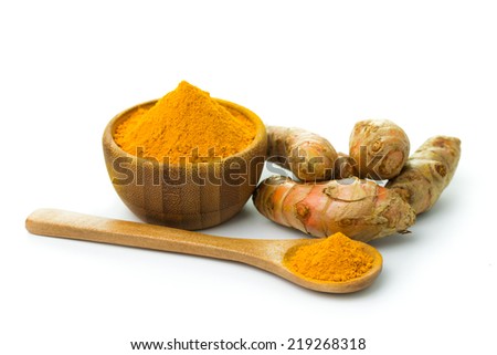 Turmeric and turmeric powder on white background