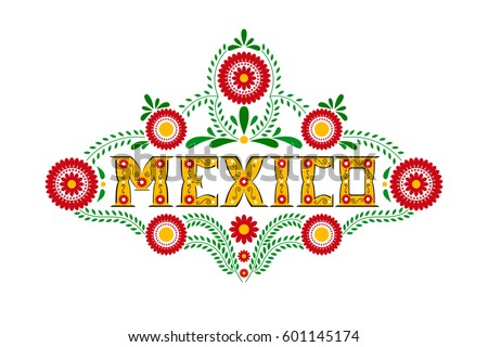 stock vector mexico typography party or travel banner vector mexican flowers embroidery ornament with yellow 601145174