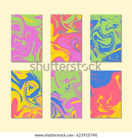 Retro 80s or 90s summer marble texture cards templates vector. Stone effect, oil liquid print or acrylic paint pattern background.