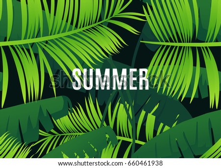 Tropical summer template with green leaves. Season sale vector label.Exotic Floral illustration. Springtime poster. For t-shirt, fashion, prints, banner or packaging design.Eps 10