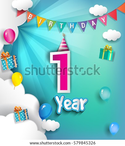 1st Anniversary Celebration Design Clouds Balloons Stock Vector ...