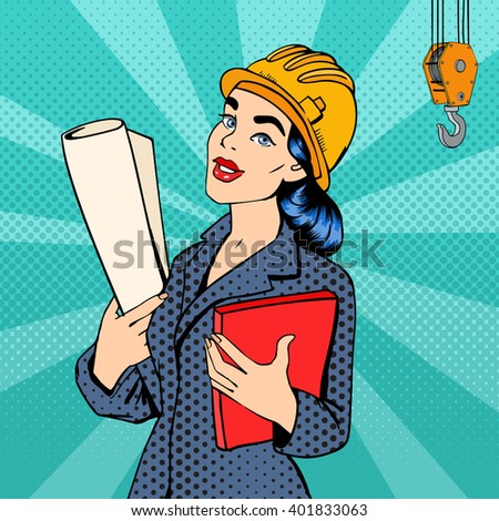Woman Engineer. Woman in Helmet with Documents. Female Architect. Pop Art Banner. Vector Illustration