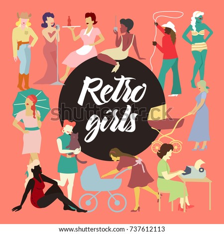 Retro Elegant Women Collection Vintage Style Stock Vector 