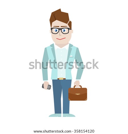 Successful Man Glasses Suit Briefcase Happy Stock Vector 410814124