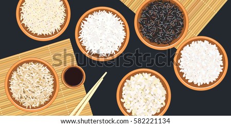 Different types of rice in bowls. Basmati, wild, jasmine, long brown, arborio, sushi. chopsticks. Kitchen bamboo mats, sauce tureen. Vector illustration. top view. For culinary, fastfood, restaurant