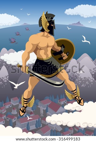 Greek hero Perseus flying in his magic sandals. No transparency used. Basic (linear) gradients.