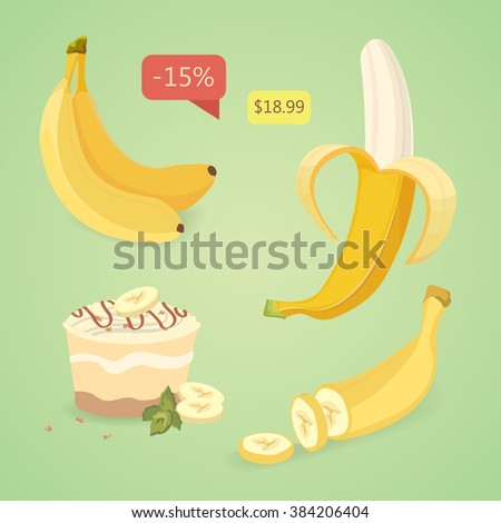 Fresh banana fruits, collection of vector illustrations. Set Peeled and sliced bananas. Organic yellow tropic fruit.