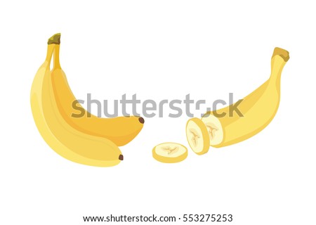 Fresh banana fruits, collection of vector illustrations. Peeled and sliced bananas