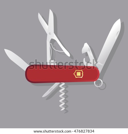 Red Swiss knife, red multi-tool, multipurpose penknife isolated vector