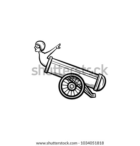 Stuntman in the cannon hand drawn outline doodle icon. Circus trick with stuntman and cannon vector sketch illustration for print, web, mobile and infographics isolated on white background.